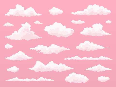 Cartoon cloud set.  Pink clouds. Pink sunset, dawn cloud sky. Flat vector illustration.