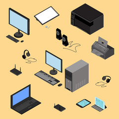 Isometric computer technology concept. Tablet, laptop, processor, printer, peripheral devices, router, headphones, fax - 142205768