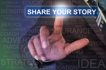 Fototapeta na wymiar Businessman touching share your story button on virtual screen