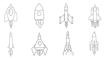 icon Spacecraft rocket thin line hand drawn vector set art illustration