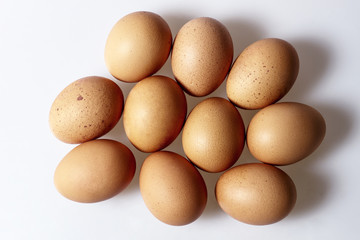 Chicken eggs on white background, view from top