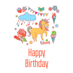 Unicorn holiday card with flower, strawberry, ice-cream and flag