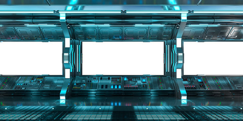 Spaceship interior with view on white windows 3D rendering
