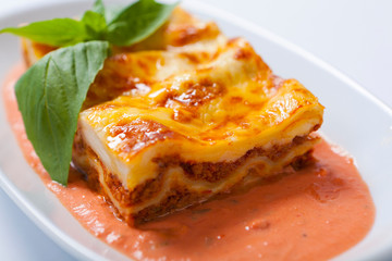 Lasagna on a white plate with herb