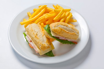 Sandwich with chicken, cheese and golden French fries potatoes