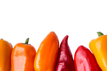 Red, yellow and orange sweet pepper isolated on white background. Frame, space for the object or text.