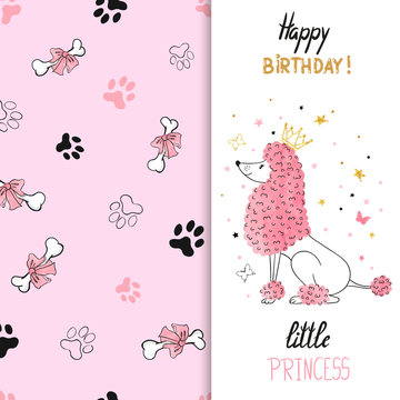 Watercolor birthday greeting card design with princess poodle dog. Vector illustration for kids.