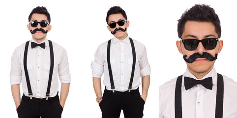 Young man with moustache isolated on white