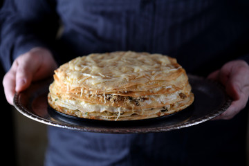 Snack pancake cake with chicken, mushrooms, onions and cheese.