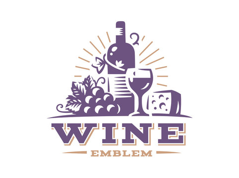 Bottle of wine and grapes logo - vector illustration, emblem design on white background