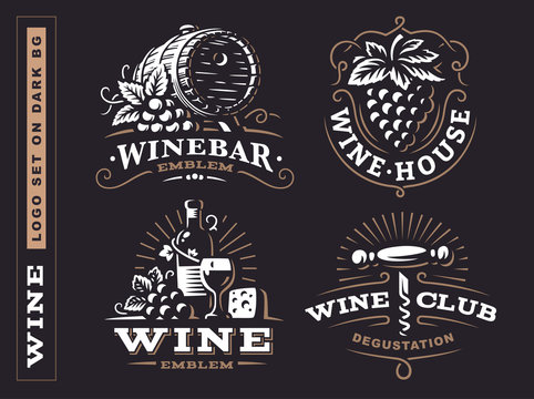 Wine set logo - vector illustrations, emblems design on dark background