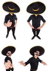 Funny man wearing mexican sombrero hat isolated on white