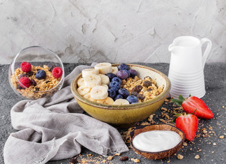 Granola berry brunch with yogurt and milk