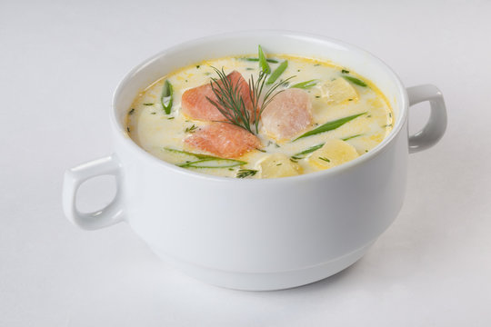 Cheese Cream Soup With Salmon, With Fish, Ear, White Background Isolated