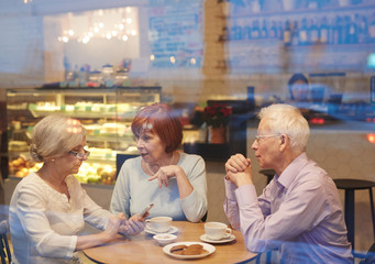 Mature friends spending time in cafe