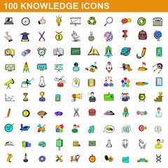 100 knowledge icons set, cartoon style