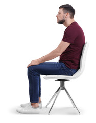 Posture concept. Man sitting on chair against white background