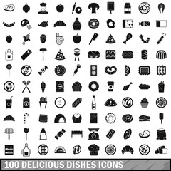 100 delicious dishes icons set, simple style 