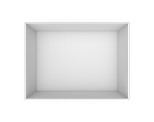 3d rendering of a white blank rectangle box without a lid as seen from above.