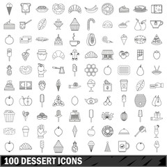 100 dessert icons set, outline style
