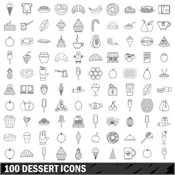 100 dessert icons set, outline style