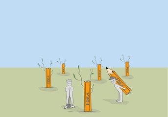 Sketch of little people with pencils. men planted the idea in the form of a pencil. idea for business concept. teamwork. vector. Hand drawn cartoon vector illustration for business and school design.