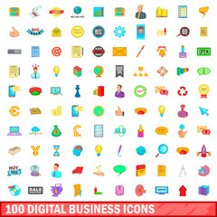 100 digital business icons set, cartoon style