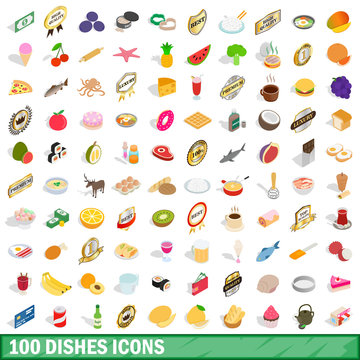 100 dishes icons set, isometric 3d style
