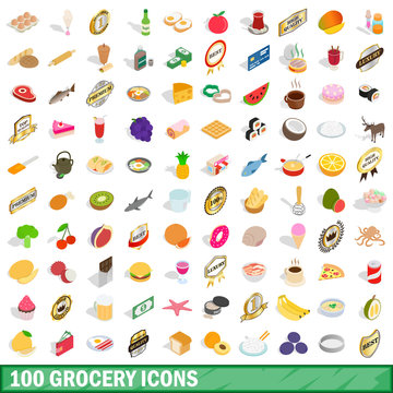 100 grocery icons set, isometric 3d style