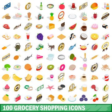 100 grocery shopping icons set, isometric 3d style