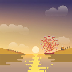 Lake with sunset scene and ferris wheel in the background