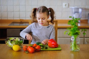 Cute girl of younger school age cuts vegetables and greens for salad.