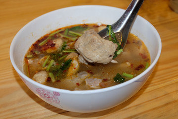 Close up Spicy pork with mushrooms, tomatoes, celery, peppers cartilage. Homemade  Thailand spicy foodie (Top View)