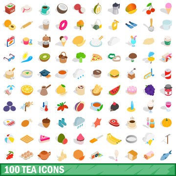 100 tea icons set, isometric 3d style
