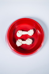 Two dog bones in feeding bowl isolated on white background