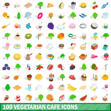 100 vegetarian cafe icons set, isometric 3d style