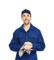 Handsome auto mechanic on white background