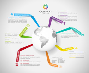 Vector Company infographic overview design template with paper stripes, polygonal world and icons - light version.