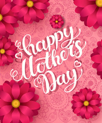 Mom's day greeting poster design. Vector card with hand writting lettering and spring flowers on pink paisley pattern.
