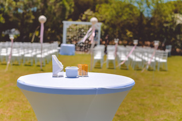 Special event decorated area and white furniture on the green grass sunny outside background