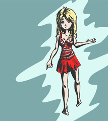 Meisje met rode rok en rood wit gestreept shirt