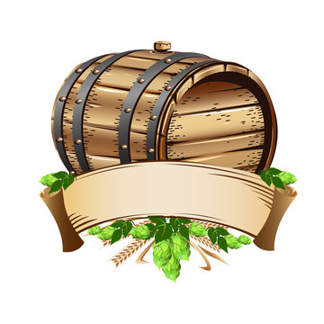 Wooden beer barrel and mug of beer