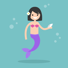 Fairytale brunette mermaid holding a shell / flat editable vector illustration, clip art