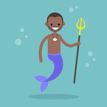 Fairytale black merman holding a trident / flat editable vector illustration, clip art