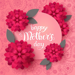Happy Mother's Day. Tender pink paisley background with hand writting lettering and spring flowers