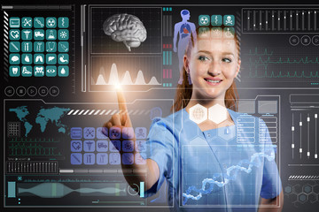 Doctor in futuristic medical concept pressing button
