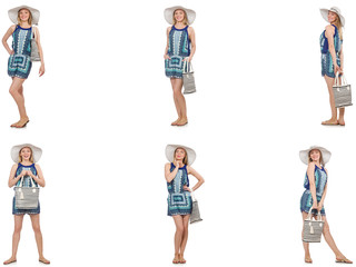 Obraz premium Collage of woman with panama hat isolated on white