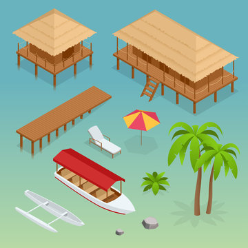 Luxury overwater thatched roof bungalow, bridge, palm tree, pleasure boat, kayak, beach lounger and sun umbrella. Tropical vacations. Isometric vector illustration