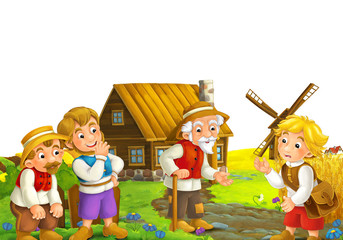 scene with cartoon characters old man standing and talking to group of people friends or family windmill in the background and white space for text