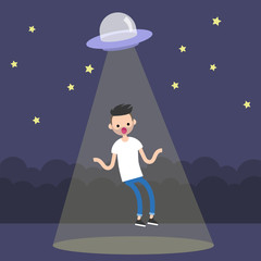 Young surprised bearded man abducted by the UFO spaceship / flat editable vector illustration, clip art